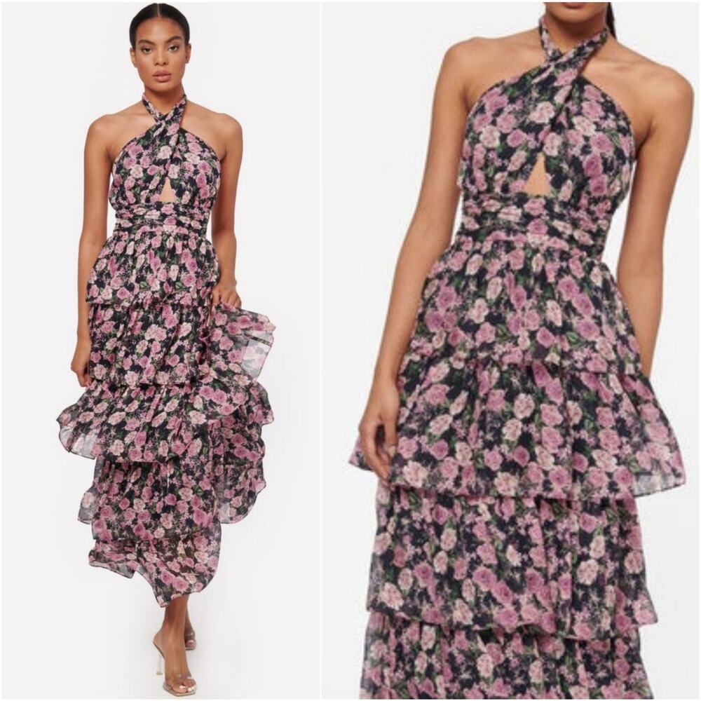 Cami NYC Black & Pink Floral Halter Tiered Midi Dress